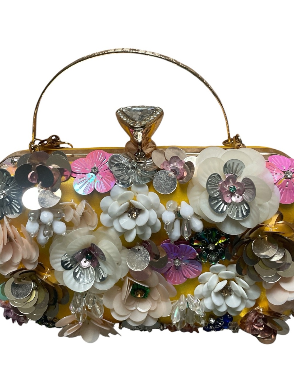 bebe Yellow Floral Sequin Embellished Evening Clutch